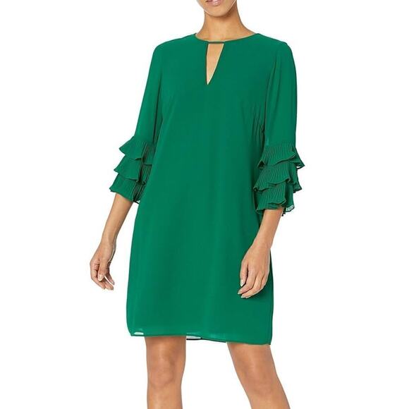Vince Camuto Dress Chiffon Pleated Sleeve Float Shift Mini Emerald Green Size 2 - Picture 1 of 12